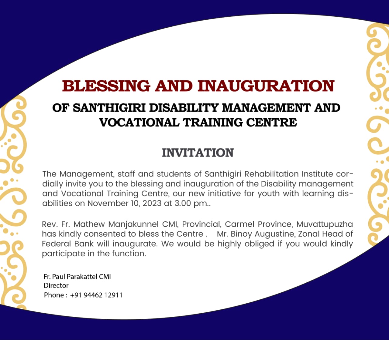Blessing and Inauguration of Santhigiri Disability Management and Vocational Training Centre